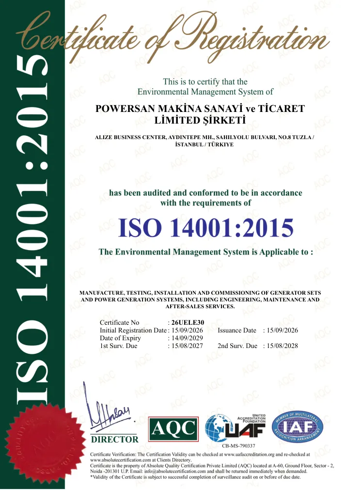 Powersan ISO 14001:2015 Çevre Yönetim Sistemi