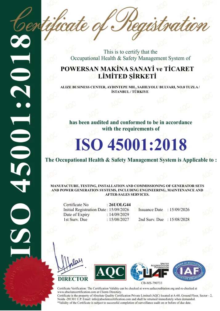 Powersan ISO 45001:2018 İş Sağlığı ve Güvenliği Yönetim Sistemi