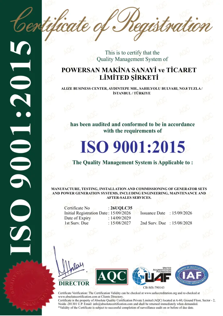 Powersan ISO 9001:2015 Kalite Yönetim Sistemi