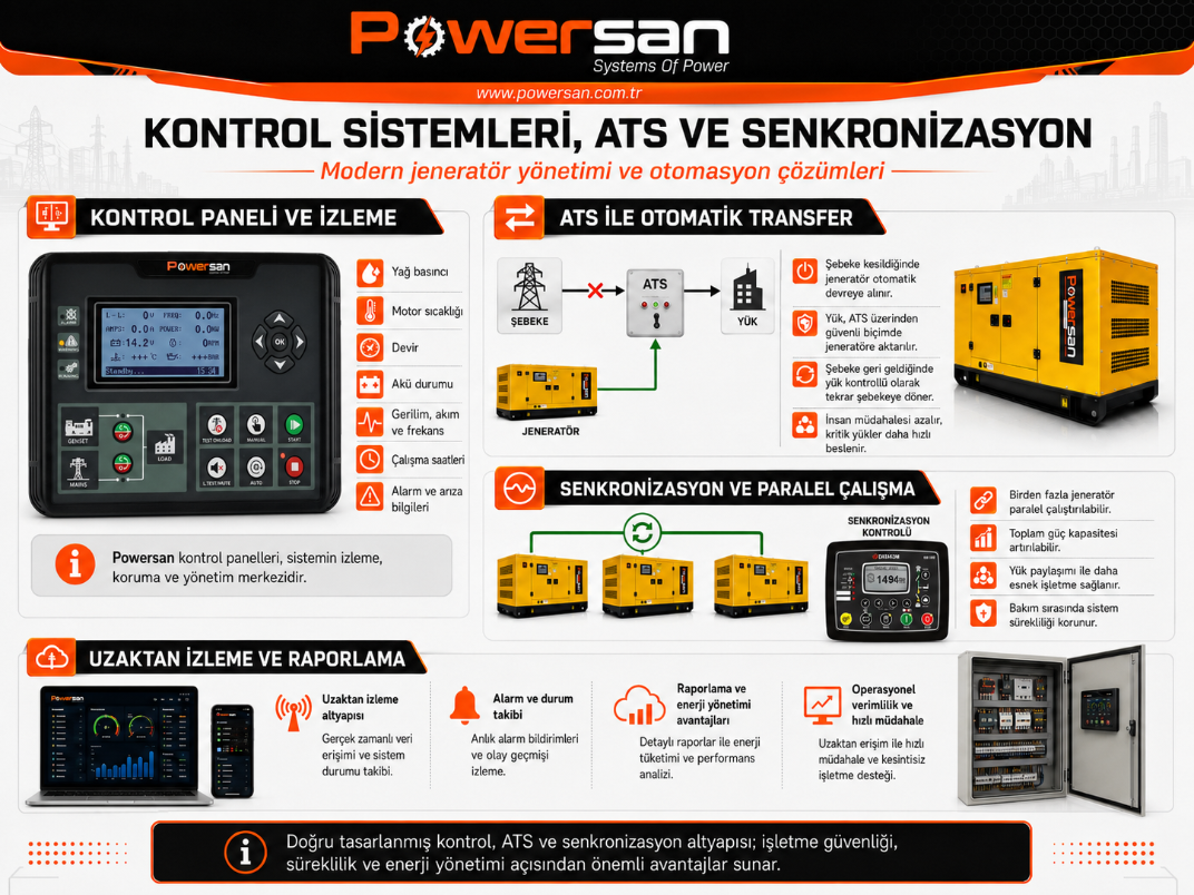 Jenerat&ouml;r kontrol sistemi, ATS, senkronizasyon ve uzaktan izleme bileşenlerini g&ouml;steren infografik